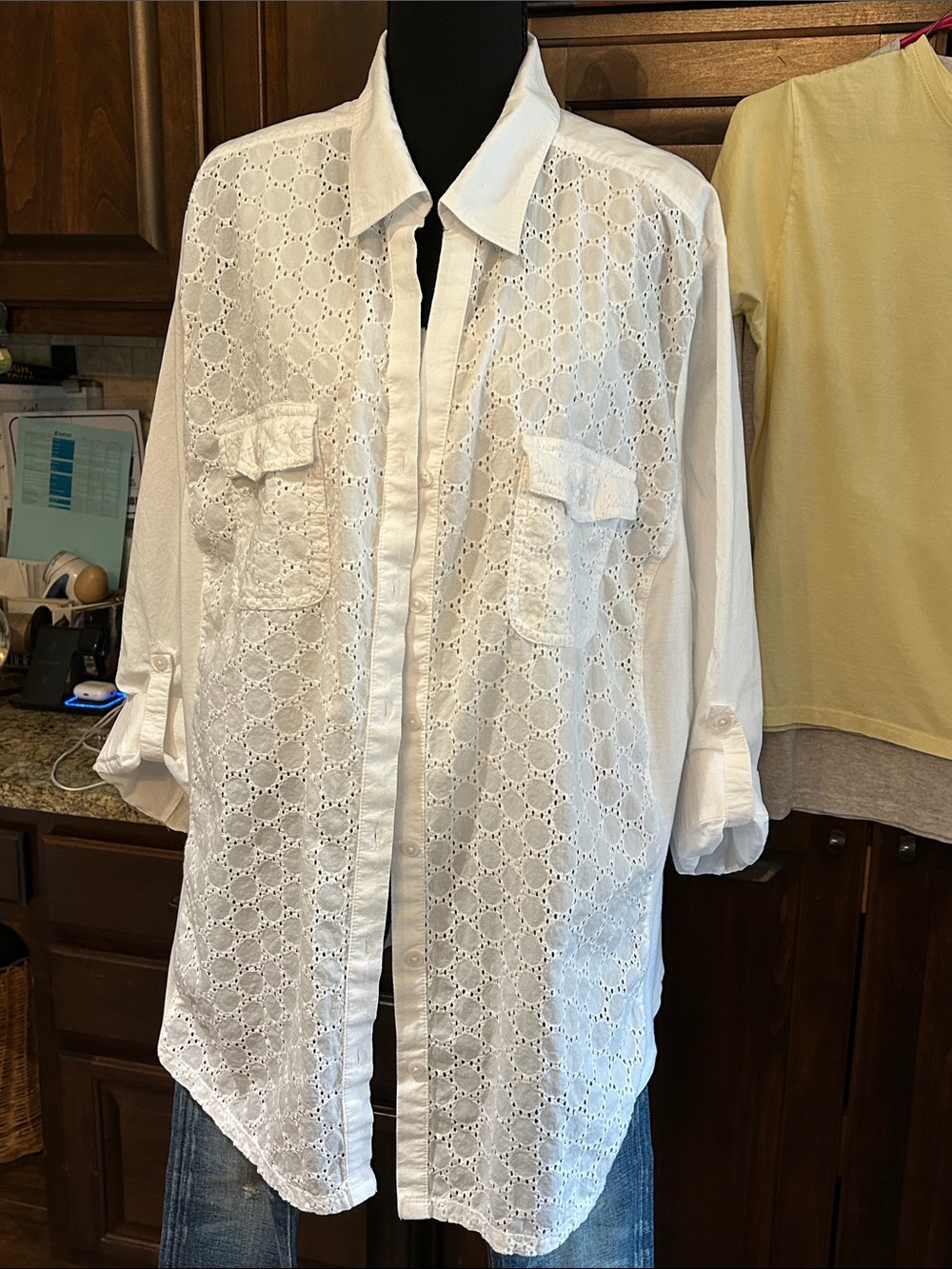 1990’s Croft & Barrow Sz 3X White Eyelet Button-Up Long Convertible Sleeve Shirt